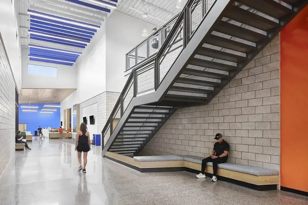 View from the corridor to the lobby at the recreation center