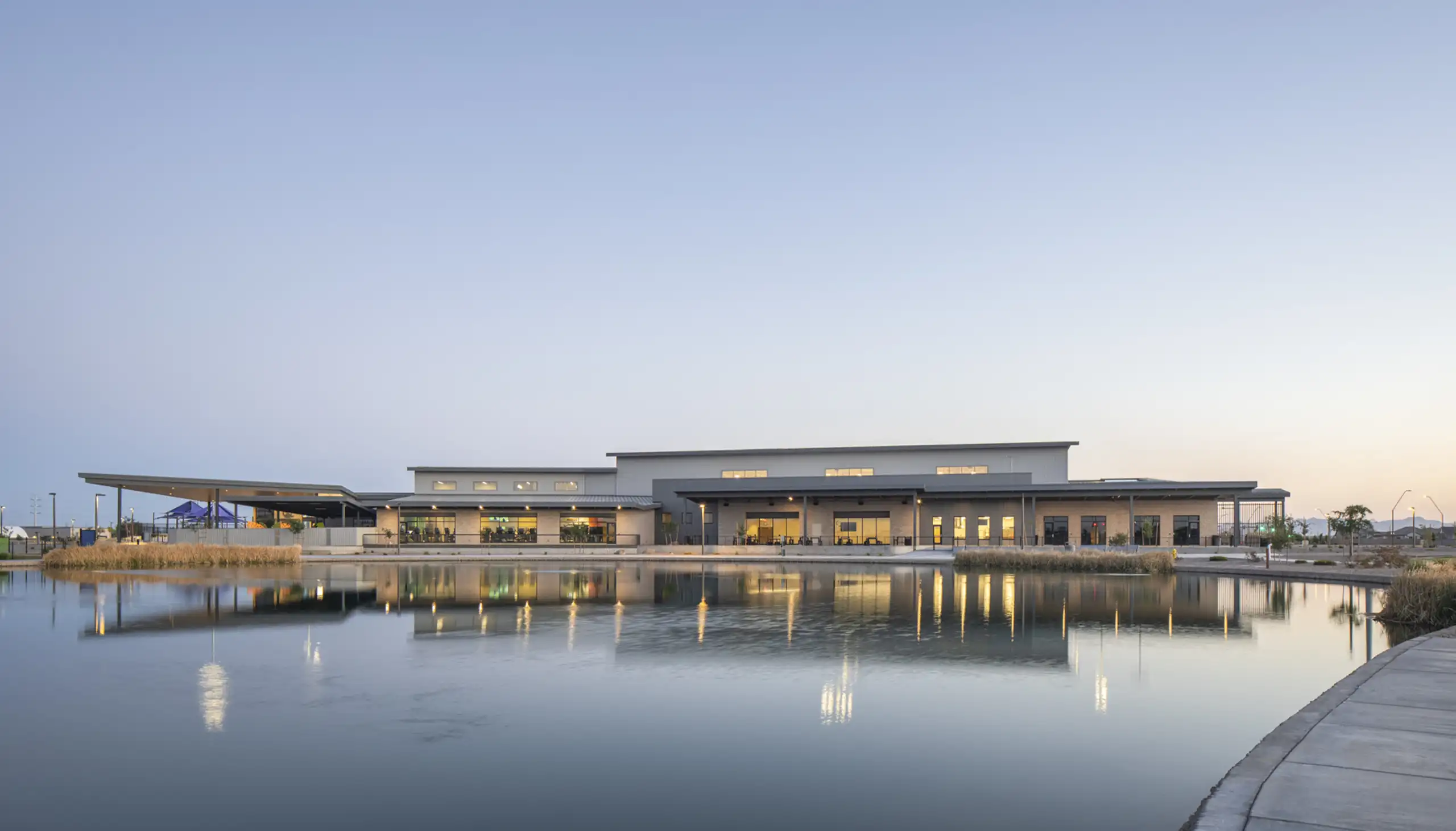 View of Queen Creek Recreation + Aquatic Center from the lake