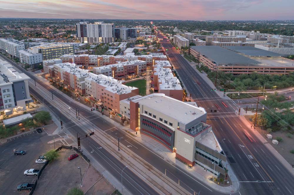 Aerial view of the community center and the student housing