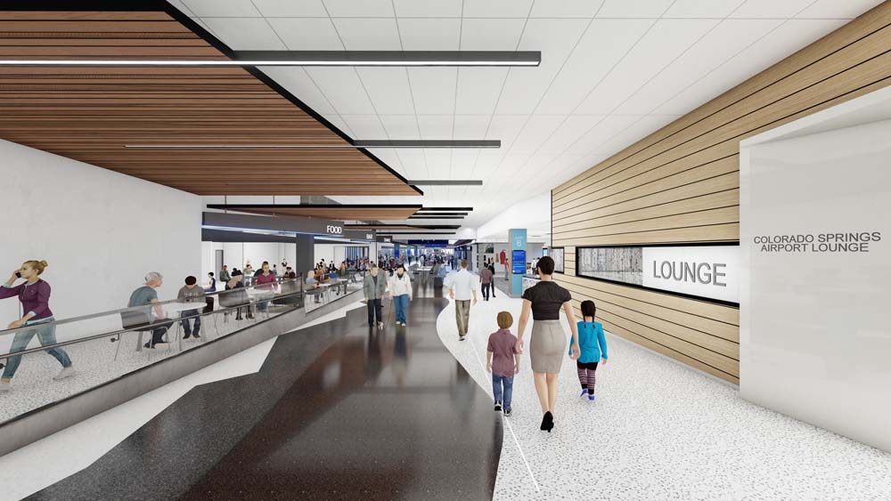 Rendering of the Colorado Springs Municipal Airport Concourse Modernization with people walking through