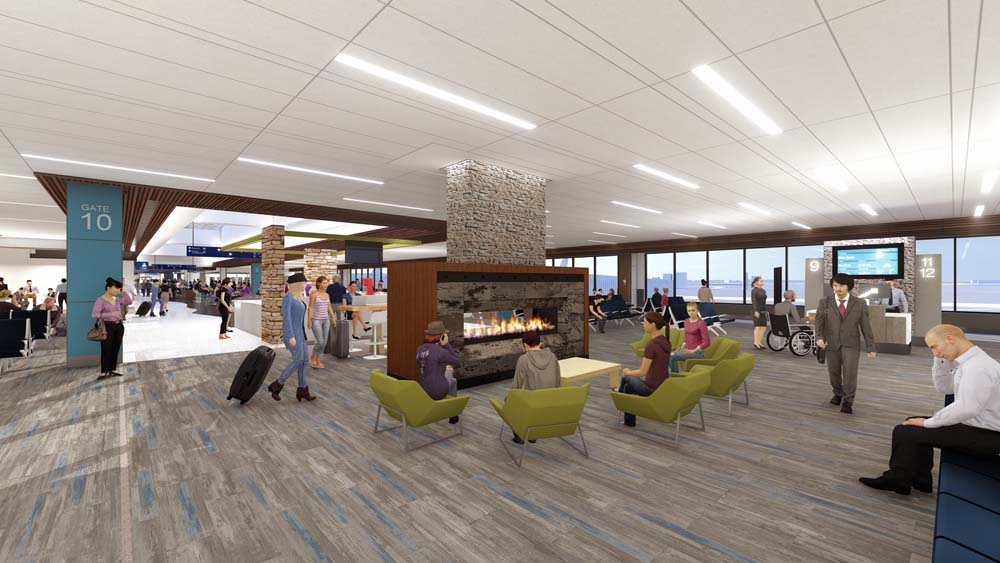 Rendering of the Colorado Springs Municipal Airport Concourse Modernization fireplace area